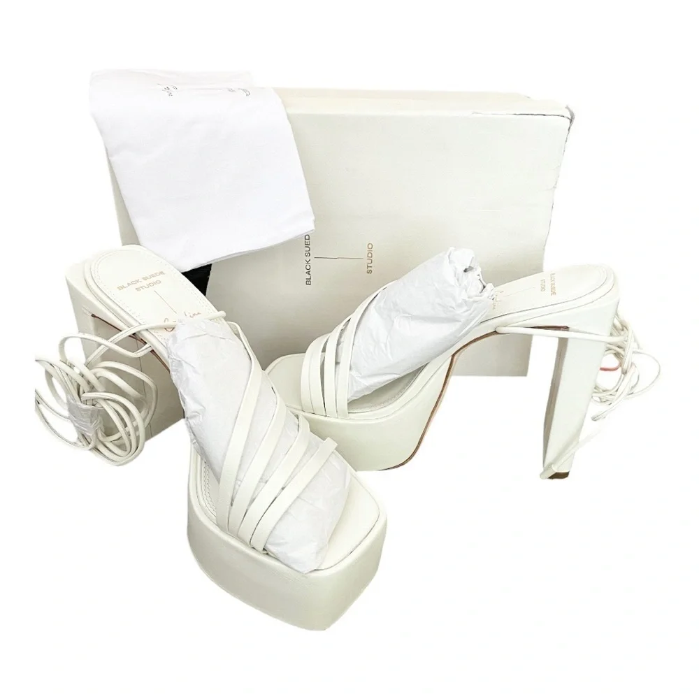 NEW Black Suede Studio Cream Platform Heels Sasha Sandals Wrap Ankle Tie Size 38